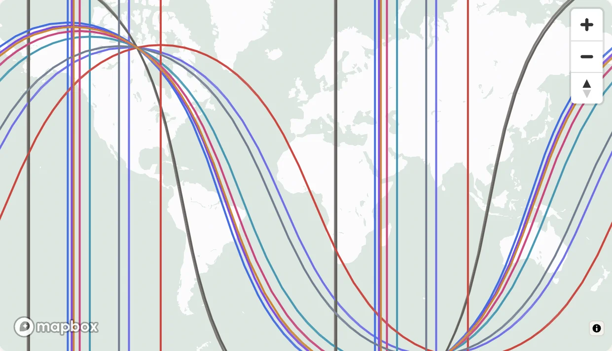A world map showing the 40 astrocartography lines of one birth chart in Ubuntu Maps.